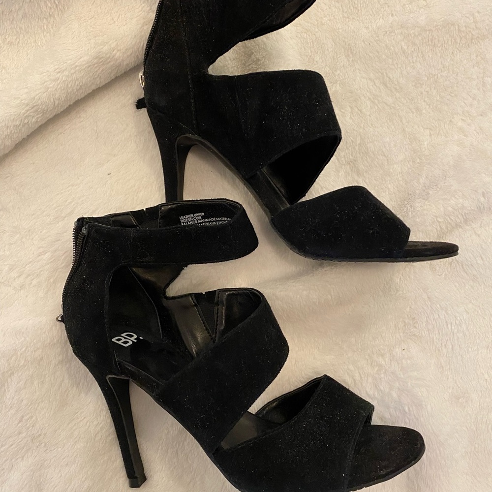 BP. High heeled sandals with black suede and zipper. 7M